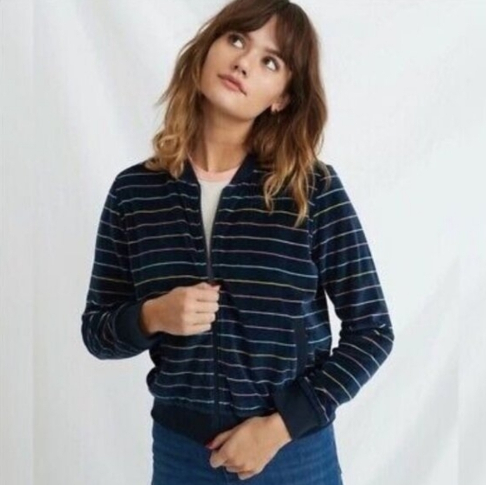 Marine Layer Jacket Auckland Velour Bomber Navy Stripe Zip Up Track Coat - Picture 3 of 10